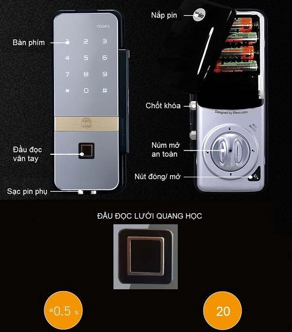 Khóa cửa kính YALE YDG 413 (Vân tay)